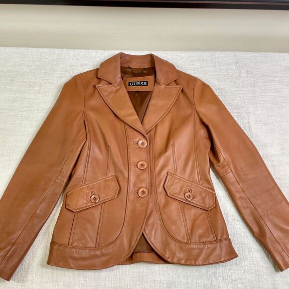 Guess Leather Jacket Small 70s Style Brown Camel Leather Jacket Size Small Guess - Picture 12 of 16